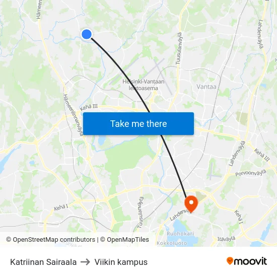 Katriinan Sairaala to Viikin kampus map