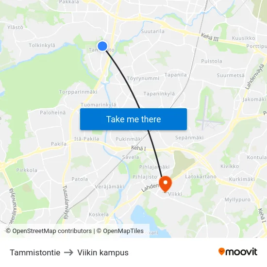 Tammistontie to Viikin kampus map