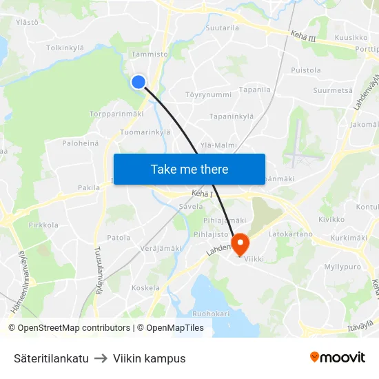 Säteritilankatu to Viikin kampus map
