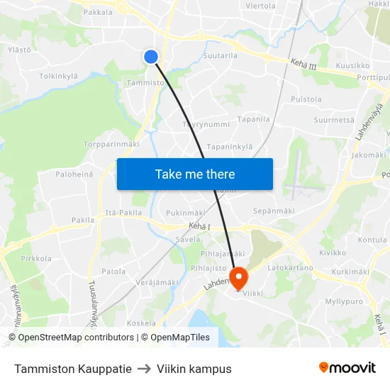 Tammiston Kauppatie to Viikin kampus map