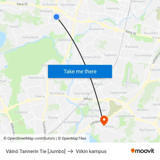 Väinö Tannerin Tie [Jumbo] to Viikin kampus map