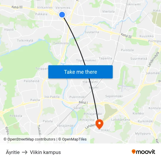 Äyritie to Viikin kampus map