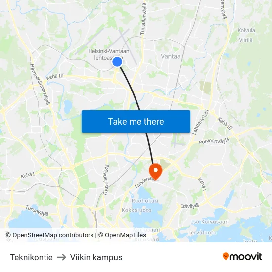 Teknikontie to Viikin kampus map