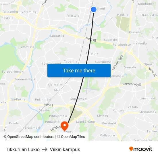 Tikkurilan Lukio to Viikin kampus map