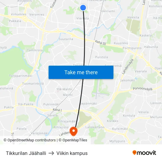 Tikkurilan Jäähalli to Viikin kampus map