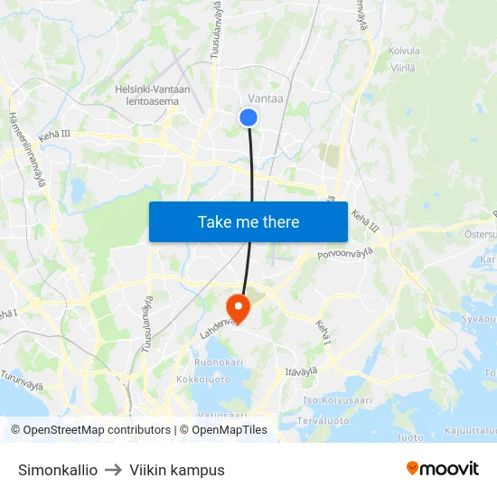 Simonkallio to Viikin kampus map