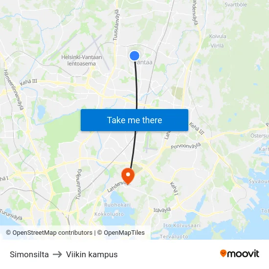Simonsilta to Viikin kampus map