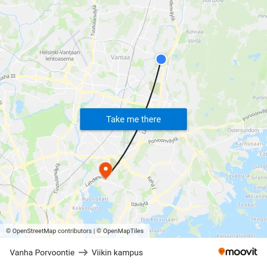 Vanha Porvoontie to Viikin kampus map