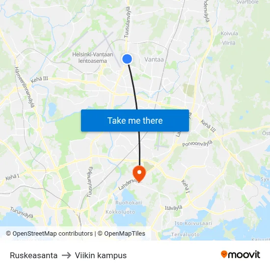 Ruskeasanta to Viikin kampus map