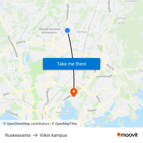 Ruskeasanta to Viikin kampus map