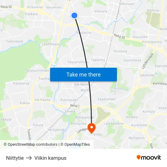 Niittytie to Viikin kampus map