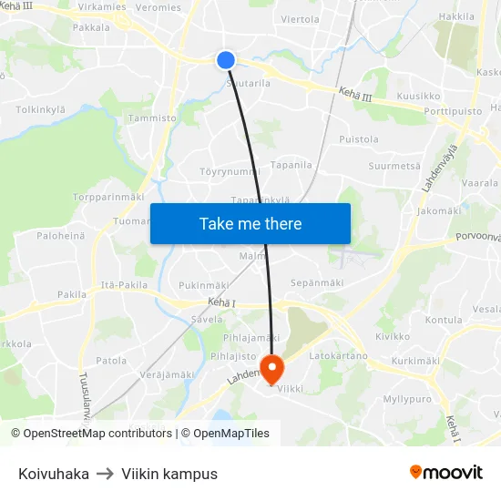 Koivuhaka to Viikin kampus map