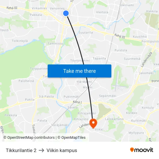 Tikkurilantie 2 to Viikin kampus map
