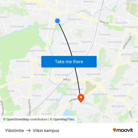Ylästöntie to Viikin kampus map