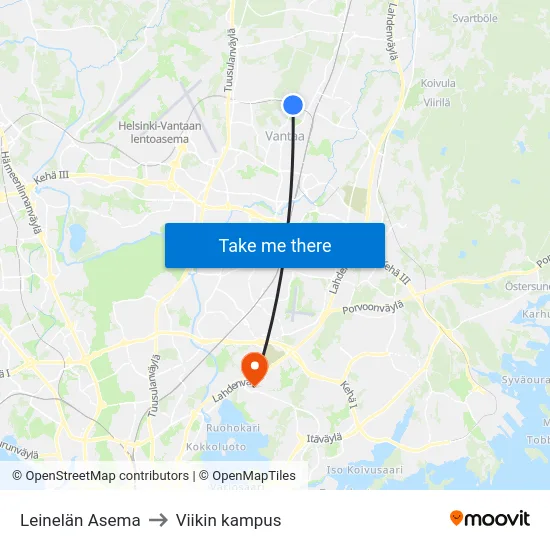 Leinelän Asema to Viikin kampus map