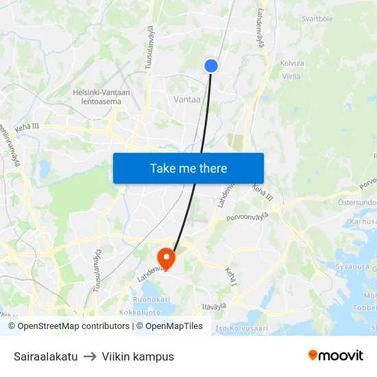 Sairaalakatu to Viikin kampus map