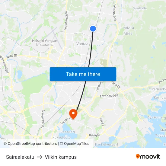 Sairaalakatu to Viikin kampus map