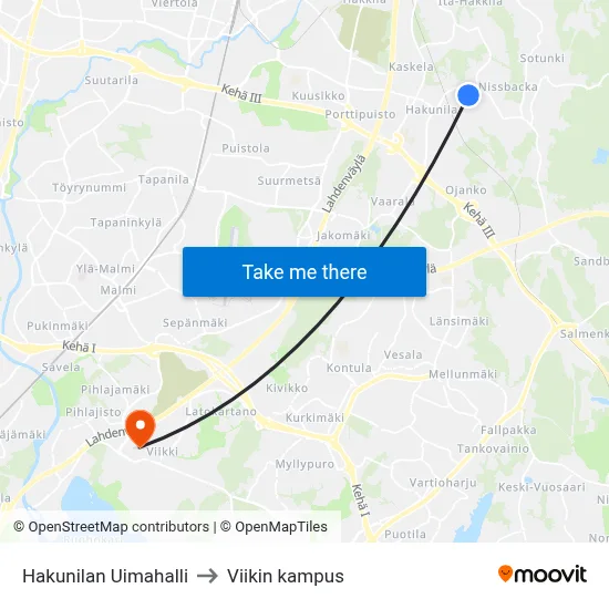 Hakunilan Uimahalli to Viikin kampus map