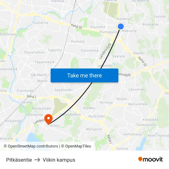 Pitkäsentie to Viikin kampus map