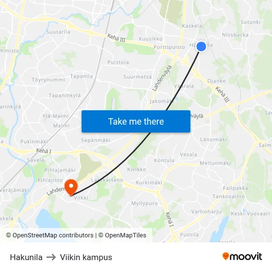 Hakunila to Viikki Campus map