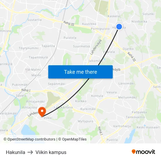 Hakunila to Viikin kampus map