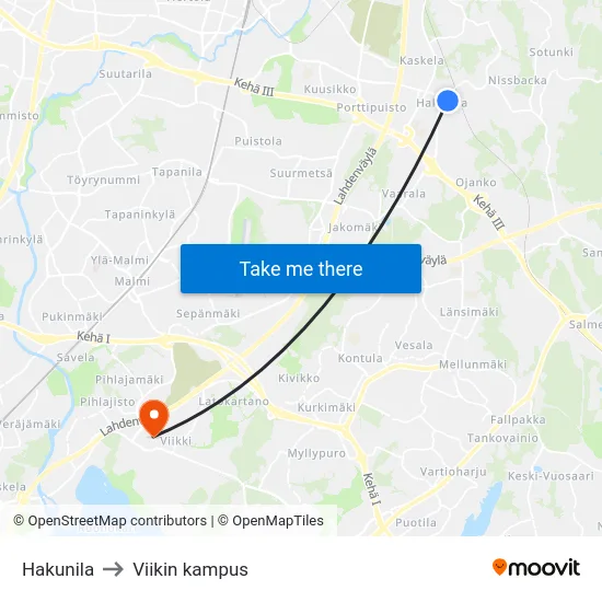 Hakunila to Viikin kampus map