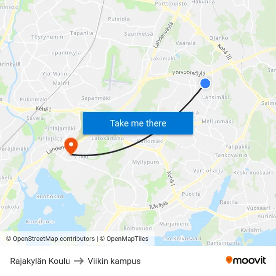 Rajakylän Koulu to Viikin kampus map