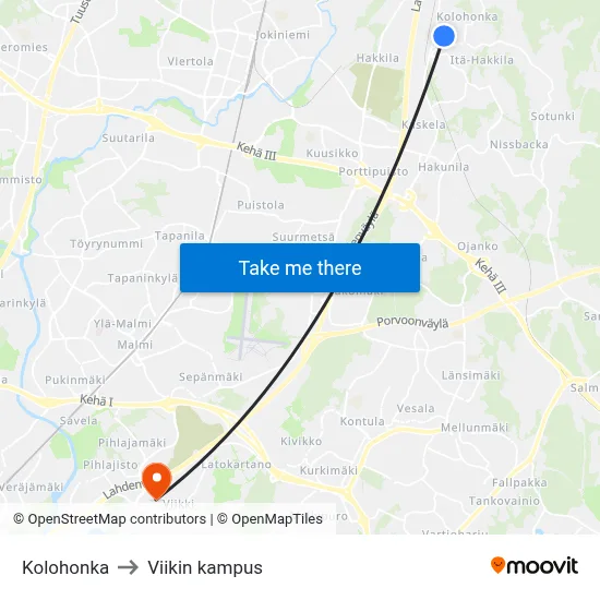 Hollow Pine to Viikki Campus map