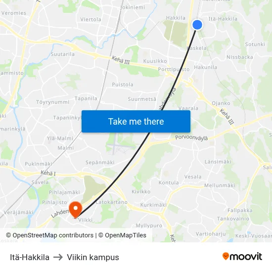 East Hakkila to Viikki Campus map