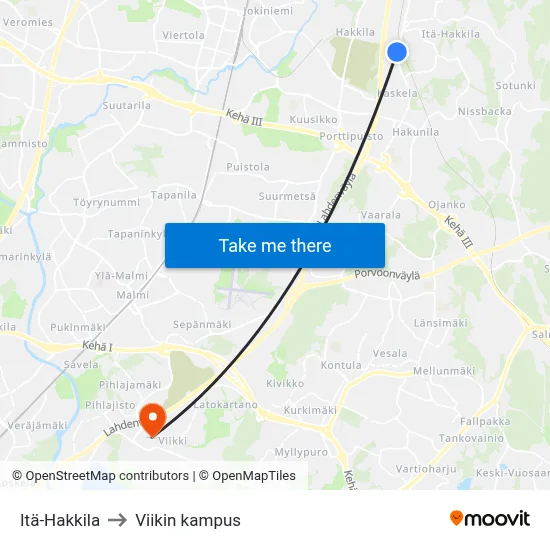 Itä-Hakkila to Viikin kampus map