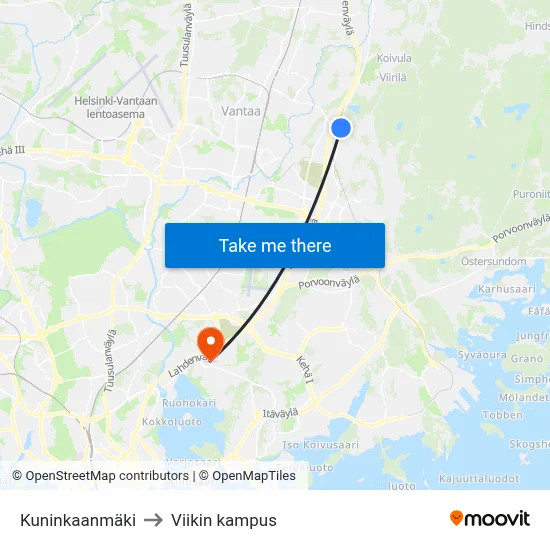 Kuninkaanmäki to Viikin kampus map