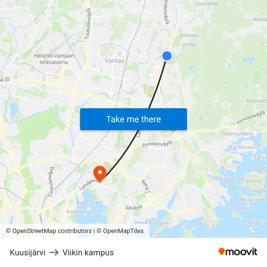 Kuusijärvi to Viikin kampus map