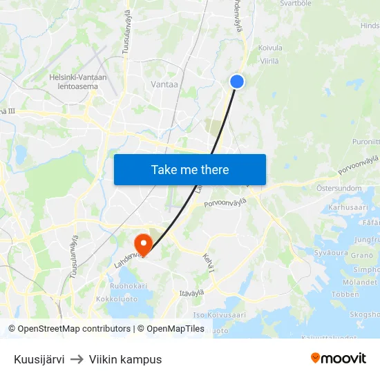 Kuusijärvi to Viikin kampus map