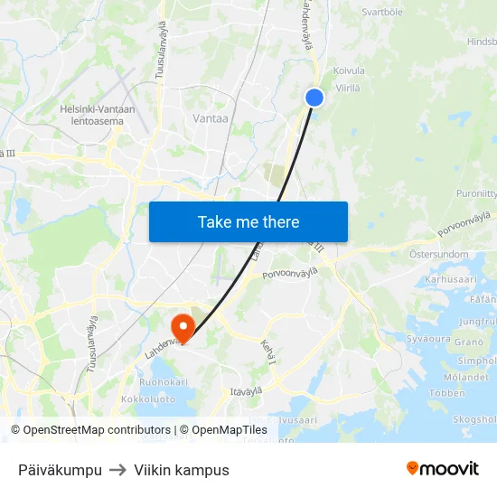 Päiväkumpu to Viikin kampus map