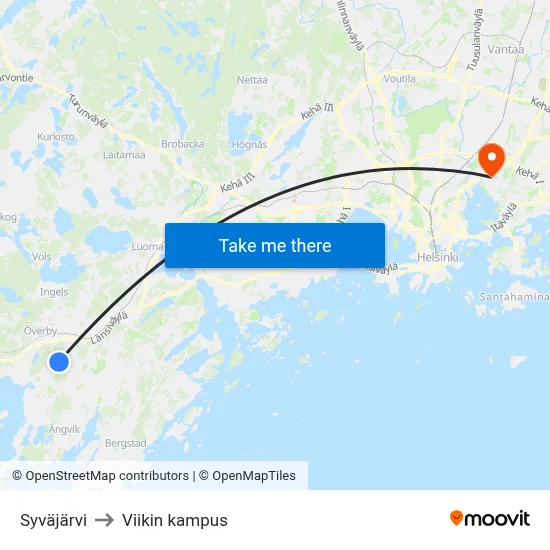 Syväjärvi to Viikin kampus map