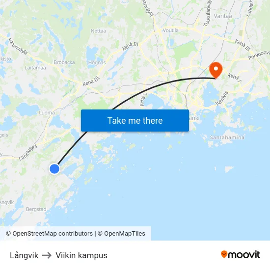 Långvik to Viikin kampus map