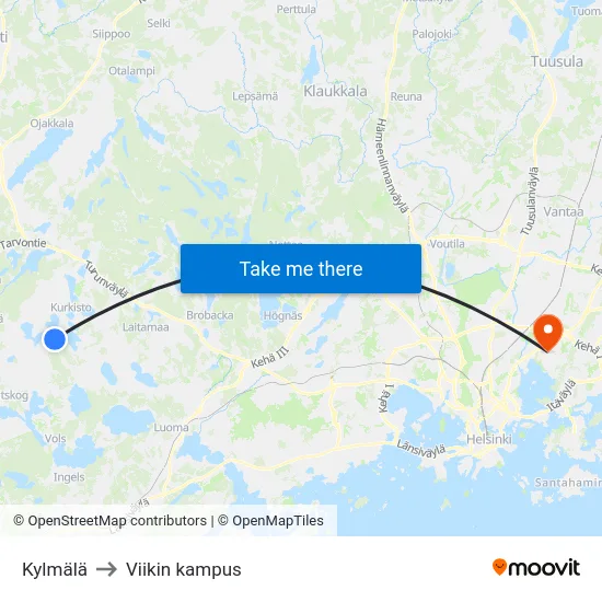 Kylmälä to Viikin kampus map