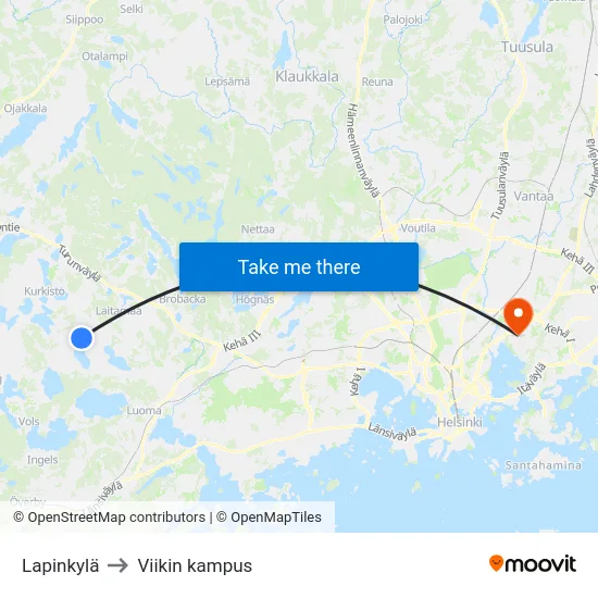 Lapinkylä to Viikin kampus map