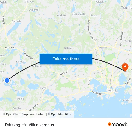 Evitskog to Viikin kampus map
