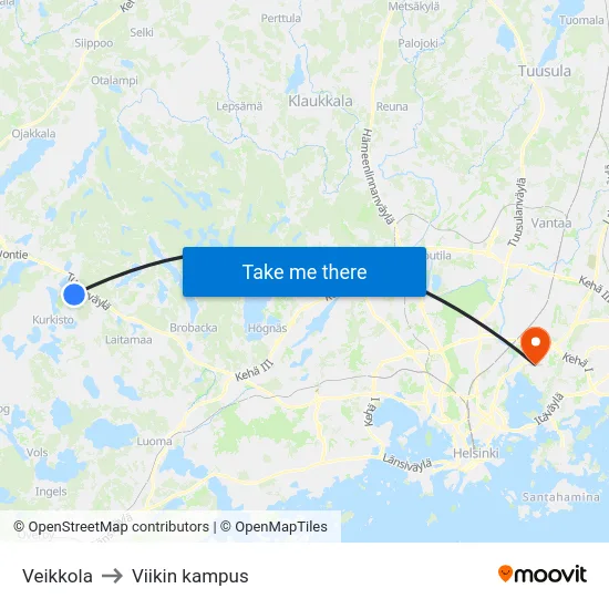 Veikkola to Viikin kampus map
