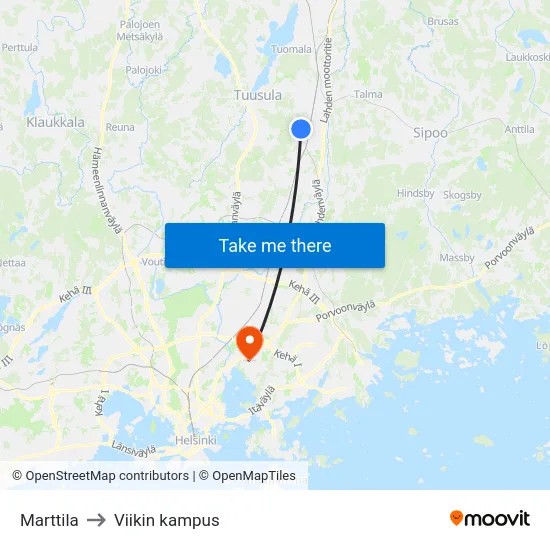 Marttila to Viikin kampus map