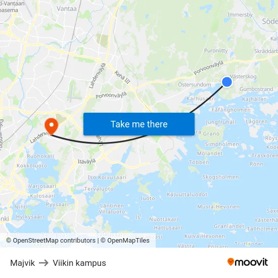 Majvik to Viikin kampus map