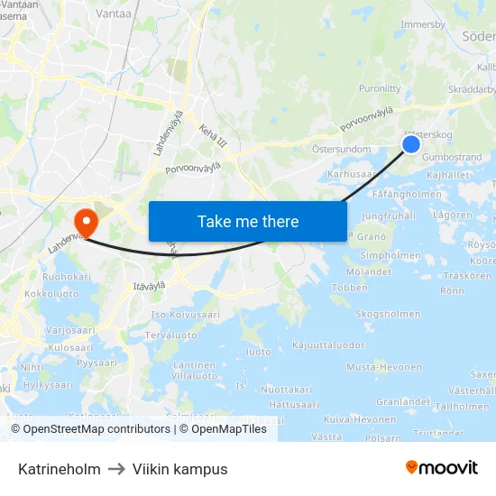 Katrineholm to Viikin kampus map