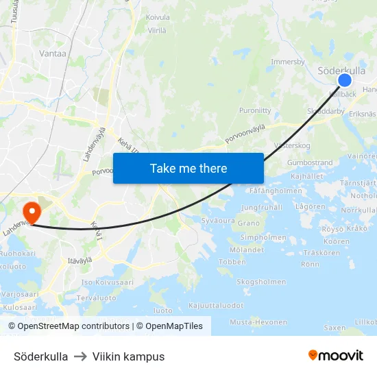 Söderkulla to Viikki Campus map