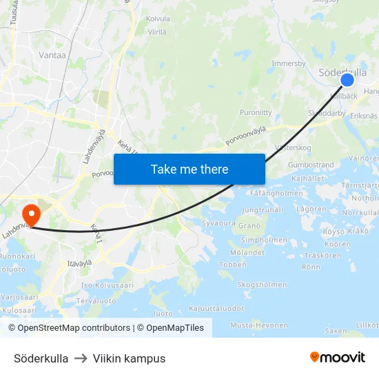 Söderkulla to Viikin kampus map