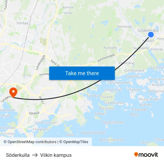 Söderkulla to Viikin kampus map