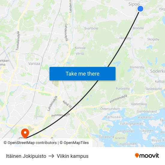 Itäinen Jokipuisto to Viikin kampus map