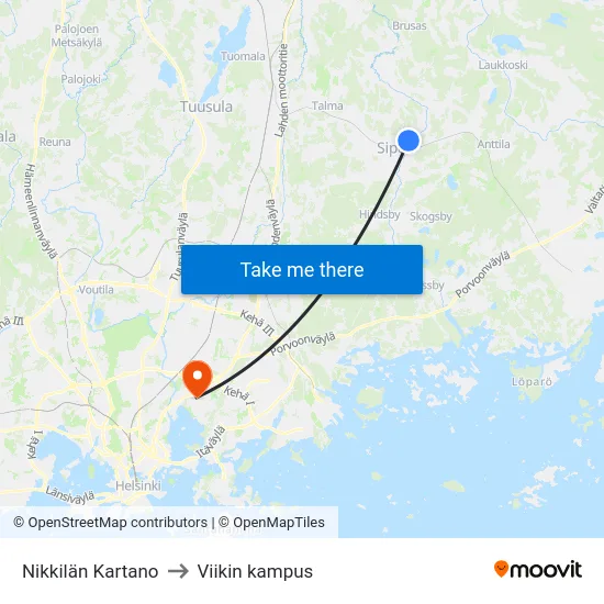 Nikkilän Kartano to Viikin kampus map