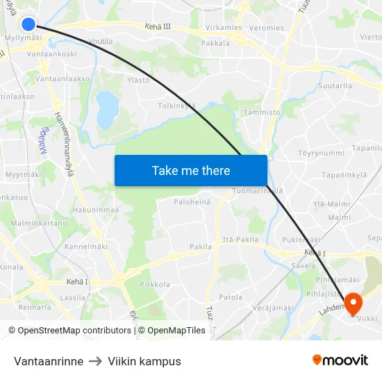 Vantaanrinne to Viikin kampus map