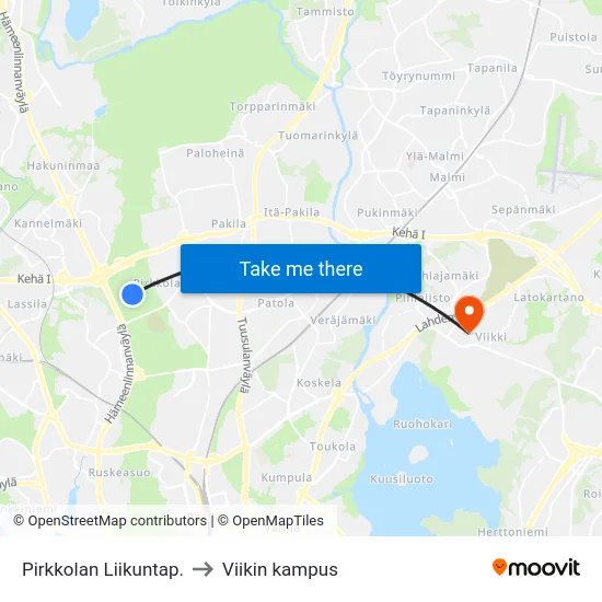 Pirkkolan Liikuntap. to Viikin kampus map